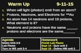 Warm Up9-11-15 1. 1. When will light (photon) emit from an atom? 2. 2. Protons, Neutrons, and Electrons for 195 Au 3. 3. An atom has 14 neutrons and 19.