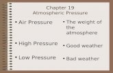 Chapter 19 Atmospheric Pressure Air Pressure High Pressure Low Pressure The weight of the atmosphere Good weather Bad weather.