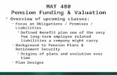 MAT 480 Pension Funding & Valuation Overview of upcoming classes: –Focus on Obligations / Promises / Liabilities Defined Benefit plan one of the very few.