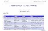 Doc.: IEEE 11-14-1481-01 SubmissionPaul Nikolich, IEEE 802Slide 1 Coexistence Lessons Learned 4 November 2014 Authors: NameCompanyPhoneemail Paul NikolichIEEE.