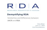 Demystifying RDA Similarities and Differences between AACRRDA AACR and RDA Chris Oliver June 2 nd, 2010 CLA Preconference.