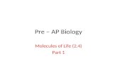 Pre – AP Biology Molecules of Life (2.4) Part 1. Dehydration & Hydrolysis reactions involving monomers & polymers.