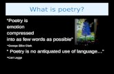 What is poetry? “Poetry is emotion compressed into as few words as possible” -George Elliot Clark “ Poetry is no antiquated use of language…” -Carl Leggo.