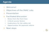 1. Welcome! 2. Objectives of the SNAC Labs 3. Presentation 4. Facilitated discussion Notes from the front lines Critical success factors Implications for.