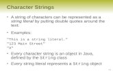 2-1 Character Strings A string of characters can be represented as a string literal by putting double quotes around the text: Examples: "This is a string.