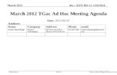 Doc.: IEEE 802.11-12/0236r4 Submission March 2012 Osama Aboul-Magd (HuaweiTechnologies)Slide 1 March 2012 TGac Ad Hoc Meeting Agenda Date: 2012-03-07 Authors: