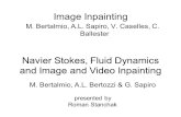 Image Inpainting M. Bertalmio, A.L. Sapiro, V. Caselles, C. Ballester M. Bertalmio, A.L. Bertozzi & G. Sapiro presented by Roman Stanchak Navier Stokes,