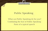 Public Speaking What can Public Speaking do for you? Combating the fear of Public Speaking Parts of a typical speech.