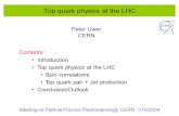 Top quark physics at the LHC Peter Uwer CERN Contents: Introduction Top quark physics at the LHC Spin correlations Top quark pair + Jet production Conclusion/Outlook.