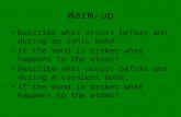 Warm-up Describe what occurs before and during an ionic bond. If the bond is broken what happens to the atoms? Describe what occurs before and during a.