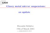 Glassy metal mirror suspensions: an update Riccardo DeSalvo 19th of March 2003 LIGO-G030085-00-D.