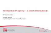Intellectual Property – a brief introduction 19 th October 2011 Andrew Wilson Technology Transfer Project Manager.