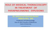 ROLE OF MEDICAL THORACOSCOPY IN TREATMENT OF PARAPNEUMONIC EFFUSIONS Dr. Mohamed Mostafa Kamel MBBCh,MSc, MD Professor of Pulmonology Kasr El Aini Faculty.