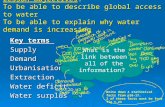 Lesson objectives: To be able to describe global access to water To be able to explain why water demand is increasing Key terms SupplyDemandUrbanisationExtraction.