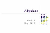 Algebra Math 8 May 2013. A brain teaser Think of a number. Add three. Find the square of the result. Subtract nine. Divide by the original number. Subtract.