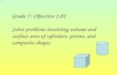 Grade 7: Objective 2.02 Solve problems involving volume and surface area of cylinders, prisms, and composite shapes.