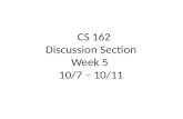 CS 162 Discussion Section Week 5 10/7  10/11. Todays Section ●Project discussion (5 min) ●Quiz (5 min) ●Lecture Review (20 min) ●Worksheet and Discussion.