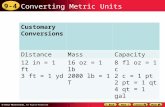 9-4 Converting Metric Units Customary Conversions DistanceMassCapacity 12 in = 1 ft 3 ft = 1 yd 16 oz = 1 lb 2000 lb = 1 T 8 fl oz = 1 c 2 c = 1 pt 2 pt.