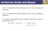 Arrhenius Acids and Bases Acid: Acid: A substance that produces H 3 O + ions in aqueous solution. Base: Base: A substance that produces OH - ions in aqueous.