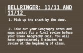 BELLRINGER: 11/11 AND 11/12 1. Pick up the chart by the door. 2. Take out your Geography notes and maps packet for a final review before your Greek Geography.