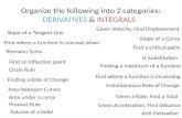Organize the following into 2 categories: DERIVATIVES & INTEGRALS Slope of a Tangent Line Slope of a…