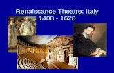 Renaissance Theatre: Italy 1400 - 1620 dell'arte •The popular theatre of Renaissance Italy •Much of the dialogue and business was improvised •A scenario was posted back stage