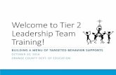 Welcome to Tier 2 Leadership Team Training! - OCDE.us 2017 PBIS Documents/T2Day4.10.… · Welcome to Tier 2 Leadership Team ... Assumption: A Solid Tier 1 ... 2-5 referrals Behavior
