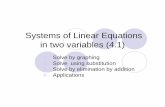 Systems of Linear Equations in two variables (4.1) of Two Equations in Two variables zGiven the linear system zax + by = c zdx + ey = f zA solution is an ordered pair zthat will satisfy