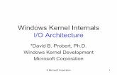 Windows Kernel Internals I/O Architecture I/O Model Asychronous, Packet-based, Extensible Device discovery supports plug-and-play — volumes automatically detected and mounted —