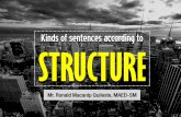 Kinds of sentences according to STRUCTURE of sentences according to STRUCTURE Mr. Ronald Macanip Quileste, MAED-SM we start SENTENCE parts of a SUBJECT PREDICATE types of CLAUSES Independent