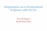 Registration as a Professional Engineer - Higher Education ... · Registration as a Professional Engineer with ECSA Prof JP Meyer ... –Interview to assess if qualification is ...