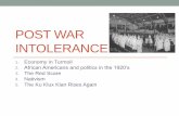 Post War Intolerance - Spring Grove Area School … WAR INTOLERANCE 1. Economy in Turmoil 2. African Americans and politics in the 1920’s 3. The Red Scare 4. Nativism 5. The Ku Klux