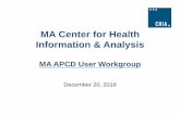 MA Center for Health Information & Analysis - Massachusetts CHIA … · MA Center for Health Information & Analysis MA APCD User Workgroup December 20, 2016 . Agenda Announcements