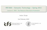 INF3580 { Semantic Technology { Spring 2010 · INF3580 { Semantic Technology { Spring 2010 Lecture 2: RDF, The Resource Description Framework Audun Stolpe 2nd February 2010 Department