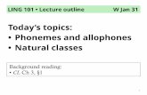 Today’s topics: • Phonemes and allophones • Natural classesjlsmith/ling101/outlines/0131_phonology1.pdf · • Phonemes and allophones • Natural classes ... • If two sounds
