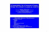 Cannabis In Cancer Care - anco-online.org · –In 2, cannabis only available after dronabinol failed –Third was a randomized double-blind, placebo-controlled, cross-over trial