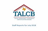 Staff Reports for July 2018 - talcb.texas.gov · TALCB Main Line 1,426 2,015 1,671 1,371 3,279 2,930 2,619 1,495 1,926 1,519 1,352 ... Feb18 2,387 2,403 441 5,231 0 928 6 6,159 6