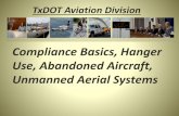 Compliance Basics, Hanger Use, Abandoned Aircraft ... · Use, Abandoned Aircraft, Unmanned Aerial Systems. ... 13. Accounting, Audit, Record Keeping 19. ... FAA places UAS in three
