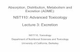 NST110: Advanced Toxicology Lecture 3: ExcretionExcreon Toxicants are eliminated from the body by several routes: 1.Kidney is the most important route (urine) 2.Feces (biliary excretion)
