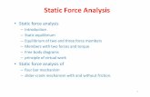 Static Force Analysis...•Static force analysis –Introduction –Static equilibrium –Equilibrium of two and three force members –Members with two forces and torque –Free body
