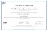 Certificate of Registration Toshiba International CorporationOHSAS 18001:2007 Scope of Registration: Toshiba International Corporation Designs, Manufactures, and Provides Sales and