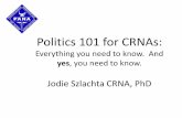 Politics 101 for CRNAs · CRNA scope of practice: PA Code 21.17 in Regulation State Board of Nursing • (3) The certified nurse anesthetist is authorized to administer anesthesia
