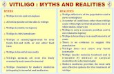 VITILIGO : MYTHS AND REALITIESVITILIGO : MYTHS AND REALITIES MYTHS M M M M M M M M Vitiligo is rare and contagious All white patches of the skin is vitiligo Vitiligo is similar to