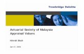 Actuarial Society of Malaysia Appraisal ValuesUses of an Appraisal Value! Purpose of Appraisal Valuation – AV puts a value on the company which can be used for:" Merger / Acquisition