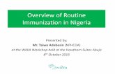 Overview of Routine Immunization in NigeriaOverview of Routine Immunization in Nigeria Presented by; Mr. Taiwo Adebesin (NPHCDA) at the WAVA Workshop held at the Hawthorn Suites Abuja