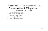 Physics 132: Lecture 19 Elements of Physics IIameyerth/phy132s16/Lect19.pdf · Physics 132: Lecture 19 Elements of Physics II Agenda for Today ... f = focal length of lens (+ converging