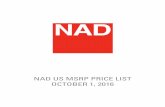 NAD US MSRP PL - DH Audio and Home Theater€¦ · NAD US MSRP PRICELIST • OCTOBER 1, 2016 PRODUCT MASTER LIST 3 MASTERS SERIES PG.4 - 8 CLASSIC SERIES - AV Preamplifier PG.9 -