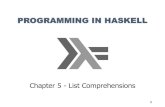 PROGRAMMING IN HASKELL - Dani's Braindump · In Haskell, a similar comprehension notation can be used to construct new lists from old lists. [x^2 | x [1..5]] The list [1,4,9,16,25]