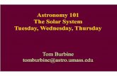 Astronomy 101 The Solar System Tuesday, Wednesday, Thursday · •Volume = 4/3*π*r3 = 5.23 x 10 •Mass = density*volume •Mass = 1.57 x 1015 kg •Kinetic energy = ½ mv2 •Kinetic