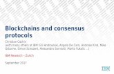 Blockchains and consensus protocols · 6 Consensus Four elements characterize Blockchain Replicated ledger Cryptography Business logic Logic embedded in the ledger Executed together